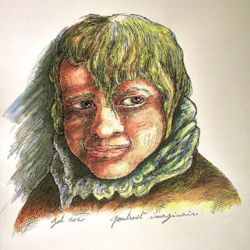 Drawing titled "Portrait imaginaire" by Christophe Gol, Original Artwork, Ink