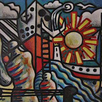 Pintura titulada "La mer, des bateaux…" por Christophe Gol, Obra de arte original, Acrílico Montado en Bastidor de camilla d…