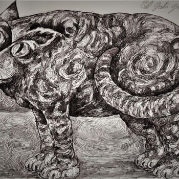 Drawing titled "El gato grande" by Christophe Gol, Original Artwork, Ink