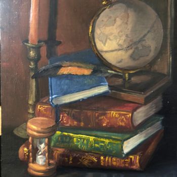 Malerei mit dem Titel "Globe, books and ti…" von Christopher Vidal, Original-Kunstwerk, Öl