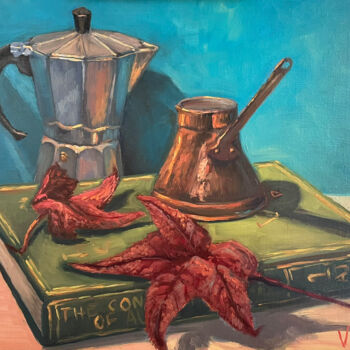 Schilderij getiteld "Coffee pots, books…" door Christopher Vidal, Origineel Kunstwerk, Olie