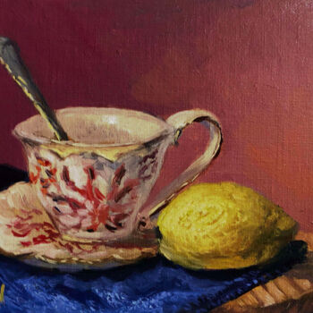 Malerei mit dem Titel "Tea cup and lemon" von Christopher Vidal, Original-Kunstwerk, Öl Auf Holzplatte montiert