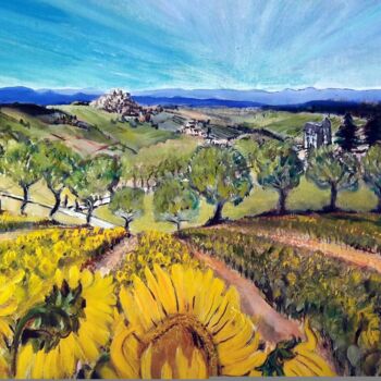 Schilderij getiteld "Perched Sunflowers" door Christopher Walker, Origineel Kunstwerk, Olie