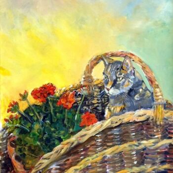 Painting titled "Geranium Cat" by Christopher Walker, Original Artwork, Oil Mounted on Wood Stretcher frame