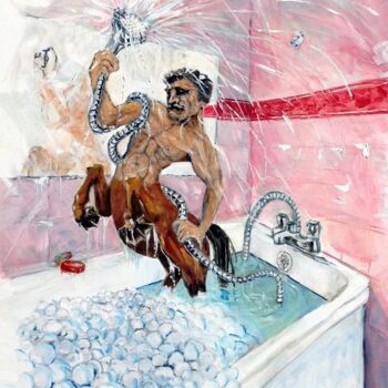 Schilderij getiteld "Hotel Shower,Ichthy…" door Christopher Walker, Origineel Kunstwerk, Olie