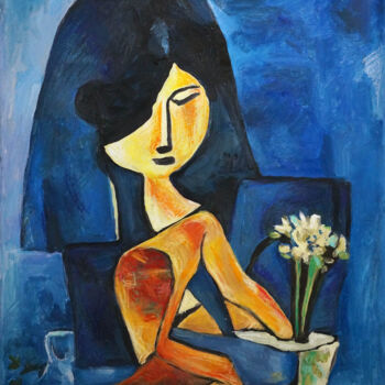 Peinture intitulée "A girl with flowers…" par Christos Baloukos, Œuvre d'art originale, Acrylique