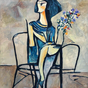 Pintura intitulada "A girl sitting in c…" por Christos Baloukos, Obras de arte originais, Acrílico