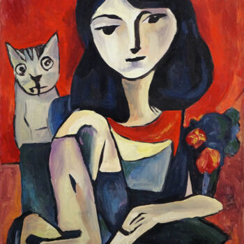 Malerei mit dem Titel "a girl with a cat a…" von Christos Baloukos, Original-Kunstwerk, Acryl