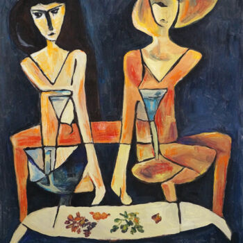 Peinture intitulée "Two girls drink wine" par Christos Baloukos, Œuvre d'art originale, Acrylique