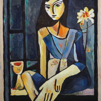 Pintura intitulada "A girl sitting on b…" por Christos Baloukos, Obras de arte originais, Acrílico