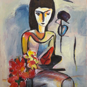 Painting titled "a girl with flowers" by Christos Baloukos, Original Artwork, Acrylic