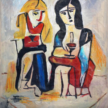 Pintura titulada "Two girls drinking…" por Christos Baloukos, Obra de arte original, Acrílico
