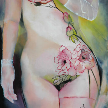 Painting titled "Le jardin de Rose" by Christiane Surian, Original Artwork, Oil Mounted on Wood Stretcher frame
