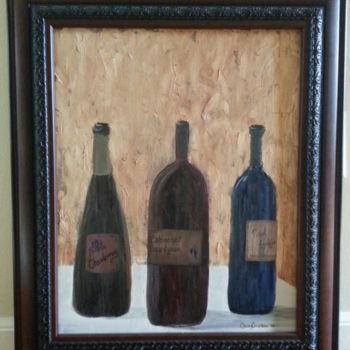 Ζωγραφική με τίτλο "Wine Bottles on a T…" από Christy Carrithers-Vesci, Αυθεντικά έργα τέχνης, Λάδι