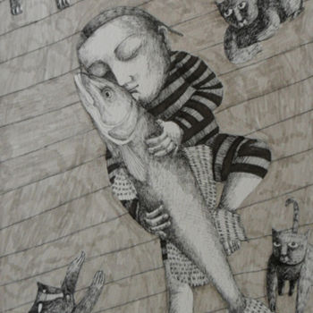 Drawing titled "8-les-chats-et-le-p…" by Hanna Chroboczek, Original Artwork