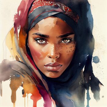 Arts numériques intitulée "Watercolor Tuareg W…" par Chromatic Fusion Studio, Œuvre d'art originale, Aquarelle