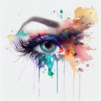 Цифровое искусство под названием "Watercolor Woman Ey…" - Chromatic Fusion Studio, Подлинное произведение искусства, Акварель