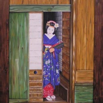 Peinture intitulée "Geisha à la porte" par Chrystel Mialet, Œuvre d'art originale, Huile