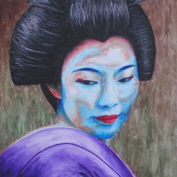 Schilderij getiteld "Geisha kimviolet" door Chrystel Mialet, Origineel Kunstwerk