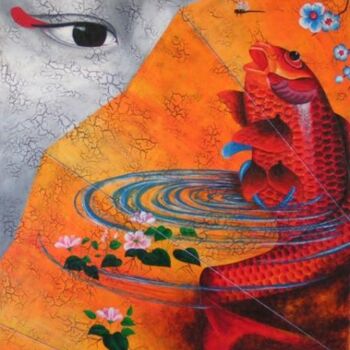 Pintura intitulada "Geisha & carpe Koï" por Chrystel Mialet, Obras de arte originais, Óleo