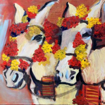 Ζωγραφική με τίτλο "Cavallos de Fiesta" από Chrystèle Bruel, Αυθεντικά έργα τέχνης, Λάδι Τοποθετήθηκε στο Ξύλινο φορείο σκελ…