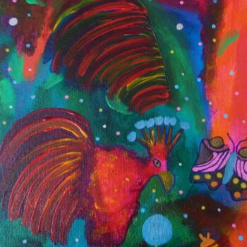 Painting titled "Le coq enchanté" by Chrystelle Ragot, Original Artwork, Acrylic Mounted on Wood Stretcher frame