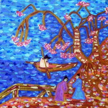 Painting titled "Le lac Fuji" by Chrystelle Ragot, Original Artwork, Acrylic Mounted on Wood Stretcher frame