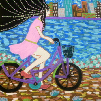 Painting titled "Pentecôte à bicycle…" by Chrystelle Ragot, Original Artwork, Acrylic Mounted on Wood Stretcher frame