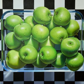 Painting titled "Still Life - Apples" by Chung Yau Shek, Original Artwork, Oil Mounted on Wood Stretcher frame