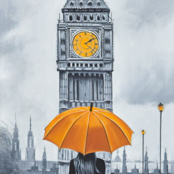 Painting titled "London in the Rain 2" by Chung Yau Shek, Original Artwork, Oil Mounted on Wood Stretcher frame