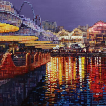 Peinture intitulée "Clarke Quay at Night" par Chunlei Zhang, Œuvre d'art originale, Huile