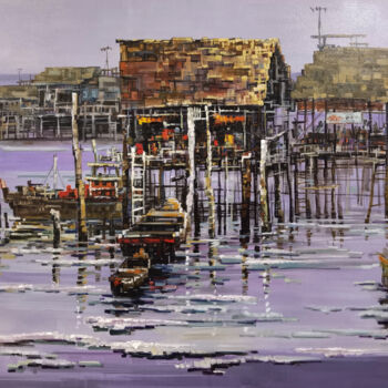 Painting titled "Fishing village res…" by Chunlei Zhang, Original Artwork, Oil Mounted on Wood Stretcher frame