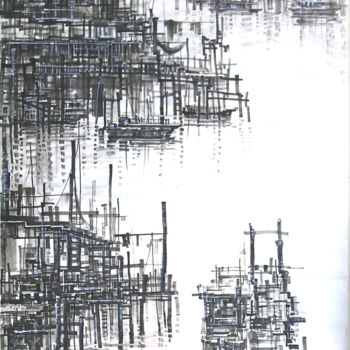Рисунок под названием "Fishing Village 印象渔村" - Chunlei Zhang, Подлинное произведение искусства, Чернила