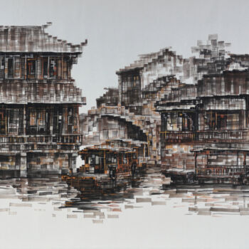 Drawing titled "Old Town 忆江南" by Chunlei Zhang, Original Artwork, Ink