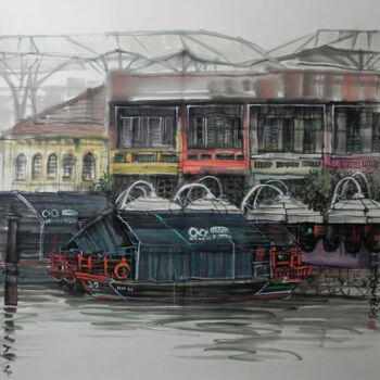 Drawing titled "Clarke Quay" by Chunlei Zhang, Original Artwork, Ink Mounted on Wood Stretcher frame