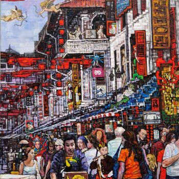 Pittura intitolato "Chinatown牛车水" da Chunlei Zhang, Opera d'arte originale, Olio