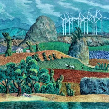 Peinture intitulée "Пейзаж с ветрогенер…" par Chuzhik, Œuvre d'art originale, Huile