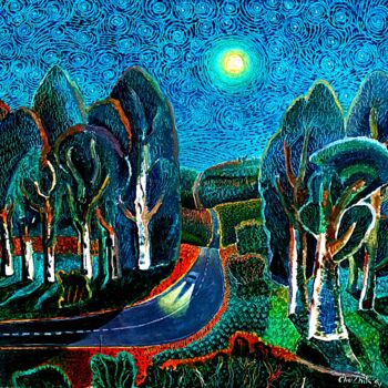 Картина под названием "Дорога.  Лунная ноч…" - Chuzhik, Подлинное произведение искусства, Масло