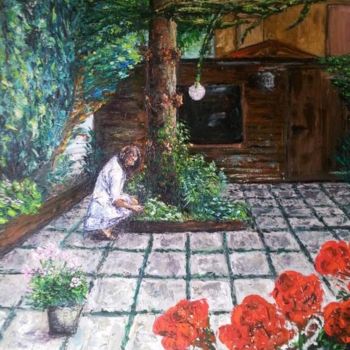 Painting titled "Tending the garden" by Ciarán Ó Néill, Original Artwork, Oil Mounted on Wood Stretcher frame