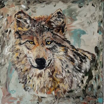 Painting titled "Akela : Loup gris" by Cindy Druelle - Crespel (Lunesia), Original Artwork, Oil Mounted on Wood Stretcher fr…