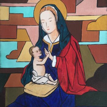 Painting titled "Vierge à l'enfant" by Cindy Le Boucher, Original Artwork, Acrylic Mounted on Wood Stretcher frame