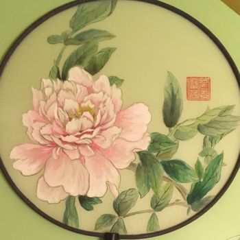 Painting titled "Pink peony on silk…" by Cindy Zhan, Original Artwork, Watercolor