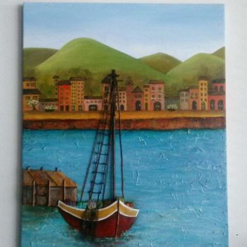 Painting titled "The Red Boat" by Cindy Pance, Original Artwork, Oil