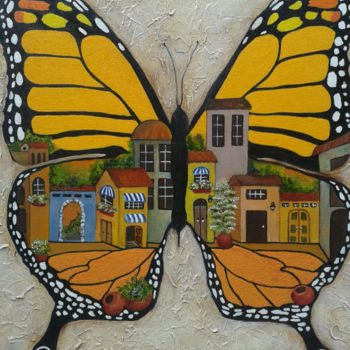 Pittura intitolato "The Butterfly Town" da Cindy Pance, Opera d'arte originale