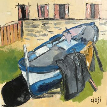 Malerei mit dem Titel "Barque à quai" von Nicole Ciosi, Original-Kunstwerk, Öl