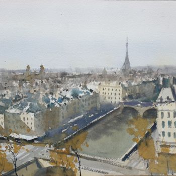 Peinture intitulée "Paris Panorama" par Cihan Polat, Œuvre d'art originale, Aquarelle