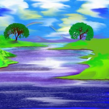 Pintura titulada "River with rainbow" por Cj James, Obra de arte original, Oleo