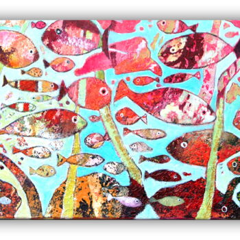 Painting titled "poissons roses" by Claire Biette, Original Artwork, Acrylic Mounted on Wood Stretcher frame