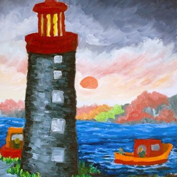 Painting titled "Le phare" by Claire Bizier, Original Artwork, Oil