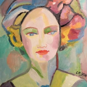 Painting titled ""La femme fleurie"" by Claire Marie Gay, Original Artwork, Oil Mounted on Wood Panel